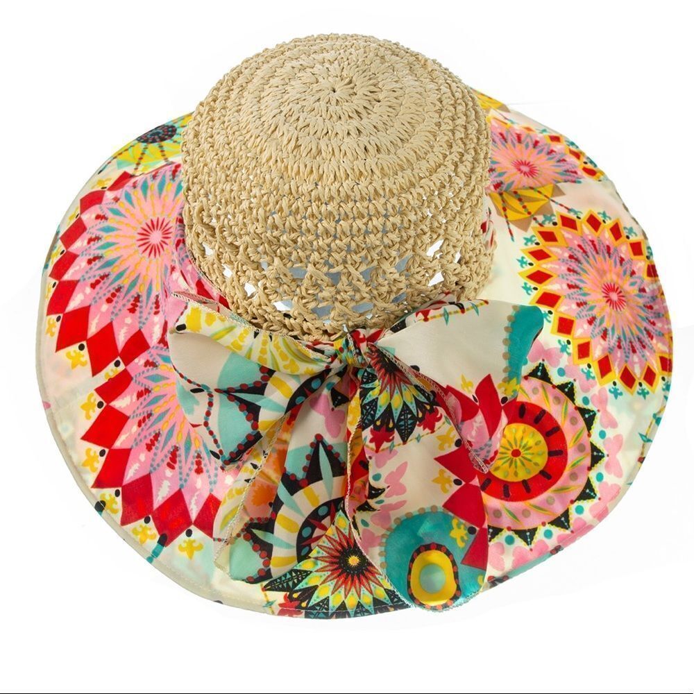 Colorful Wide Brim Crochet Crown Sun Hat Summer Beach Portable NWT